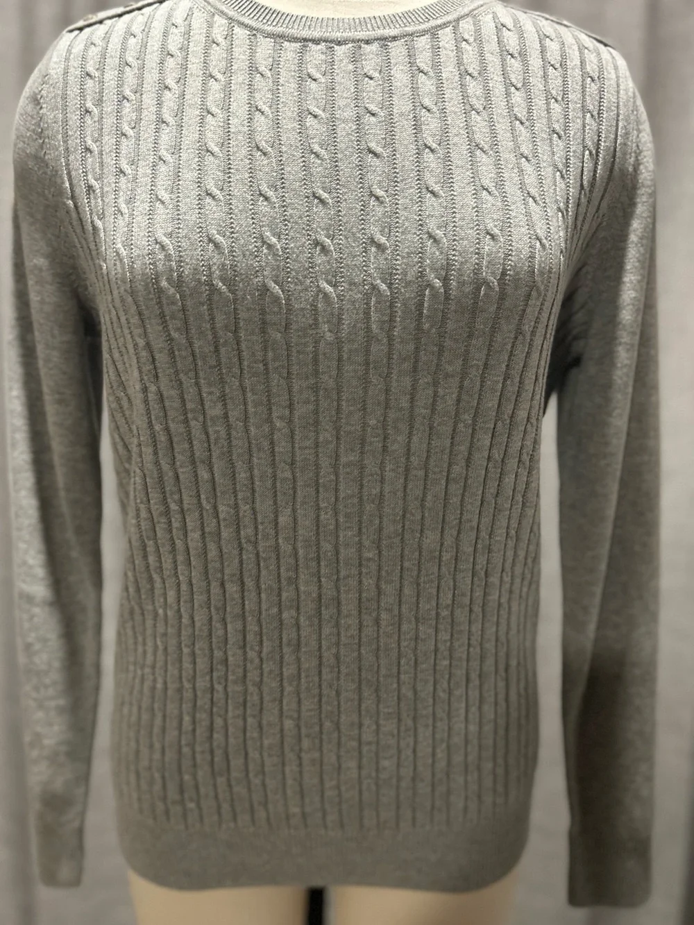 Kim Rogers Light Gray Cable-Knit Crewneck Sweater